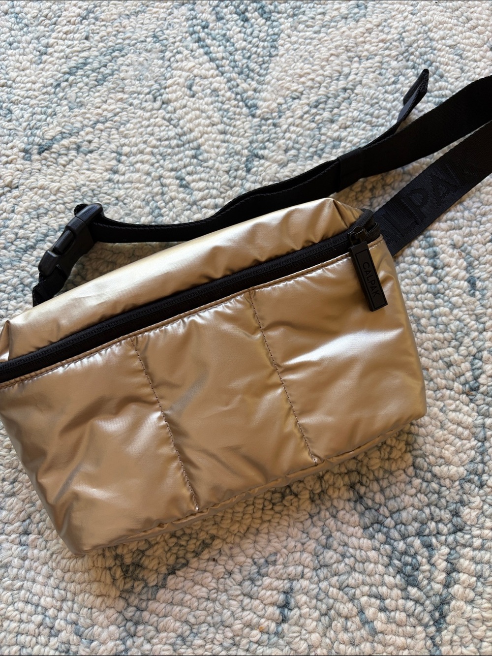 Calpak Quilted Metallic Gold Mini Belt Bag with Black Strap
